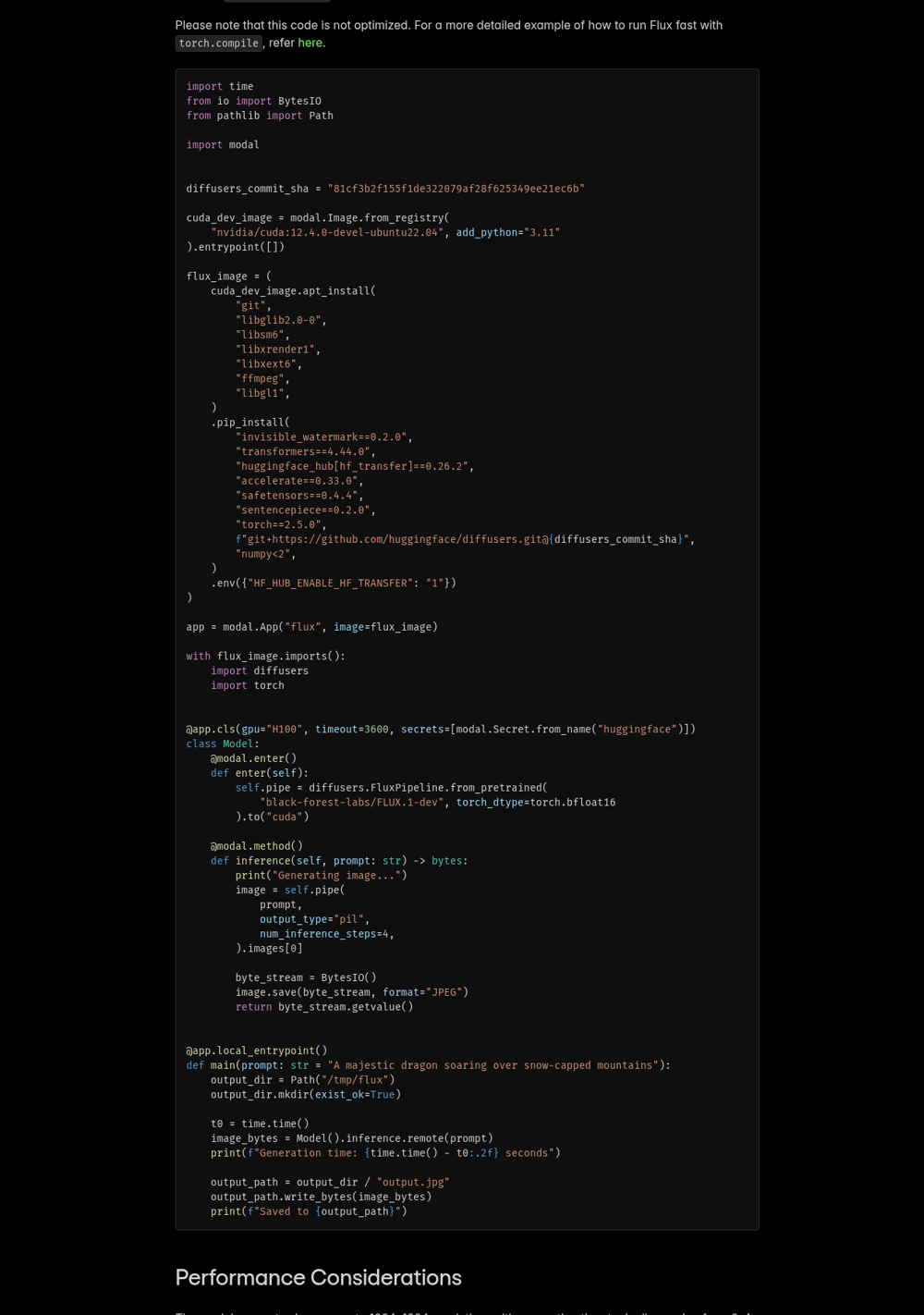 Modal 官方 Flux.1-dev 示例：gpu=H100 代码